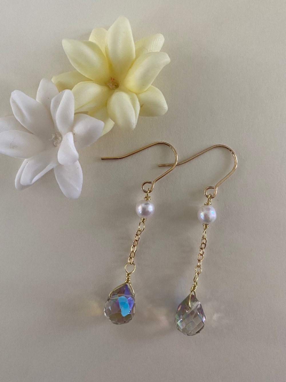 Handmade Earrings with Freshwater Pearl & Teardrop Glass Beads